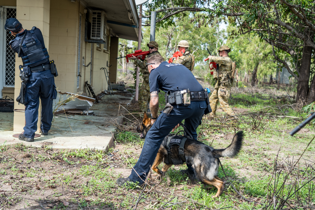 Australian Army soldiers from 5/7th Battalion, Royal Australian Regiment, work alongside the Northern Territory Police Force during the Irondog K9 Adaptive Deployment Workshop at Rakula in the Northern Territory on 27-31 October 2025.