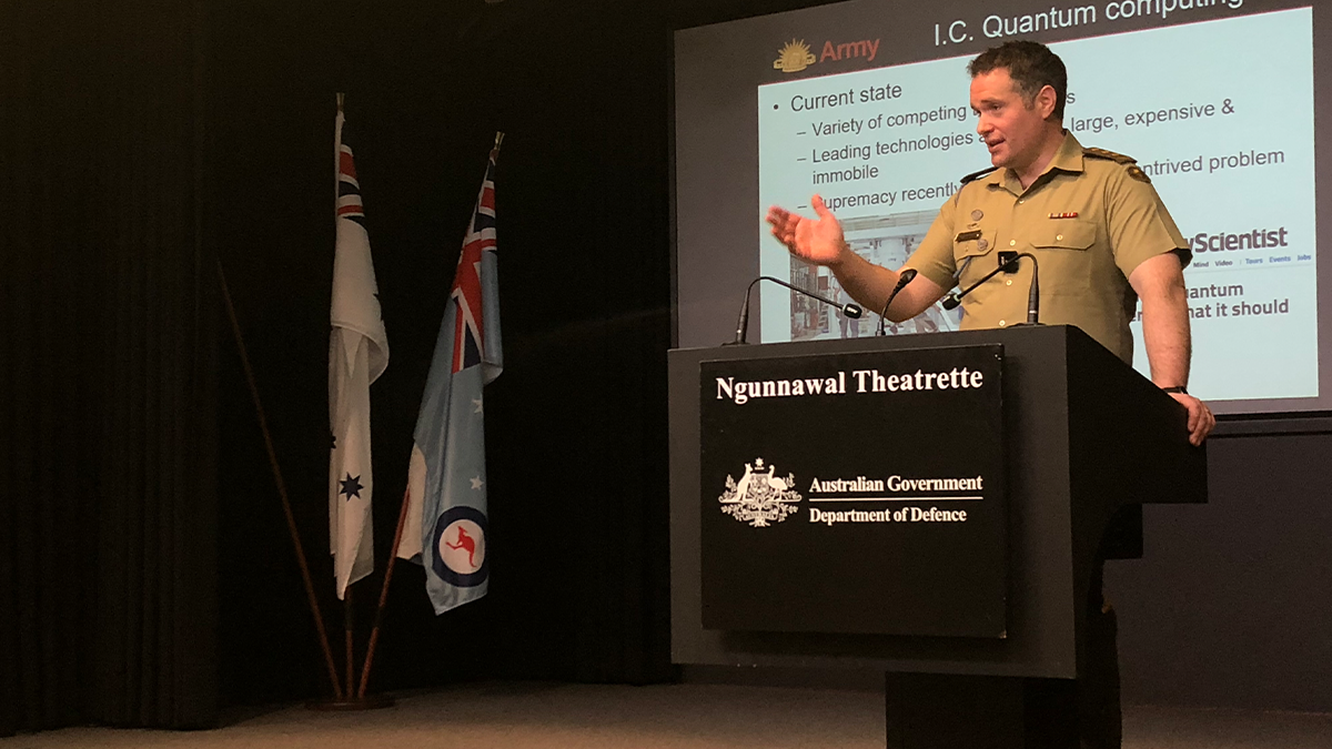 Image of CAPT Marcus Doherty presenting Quantum Technology seminar