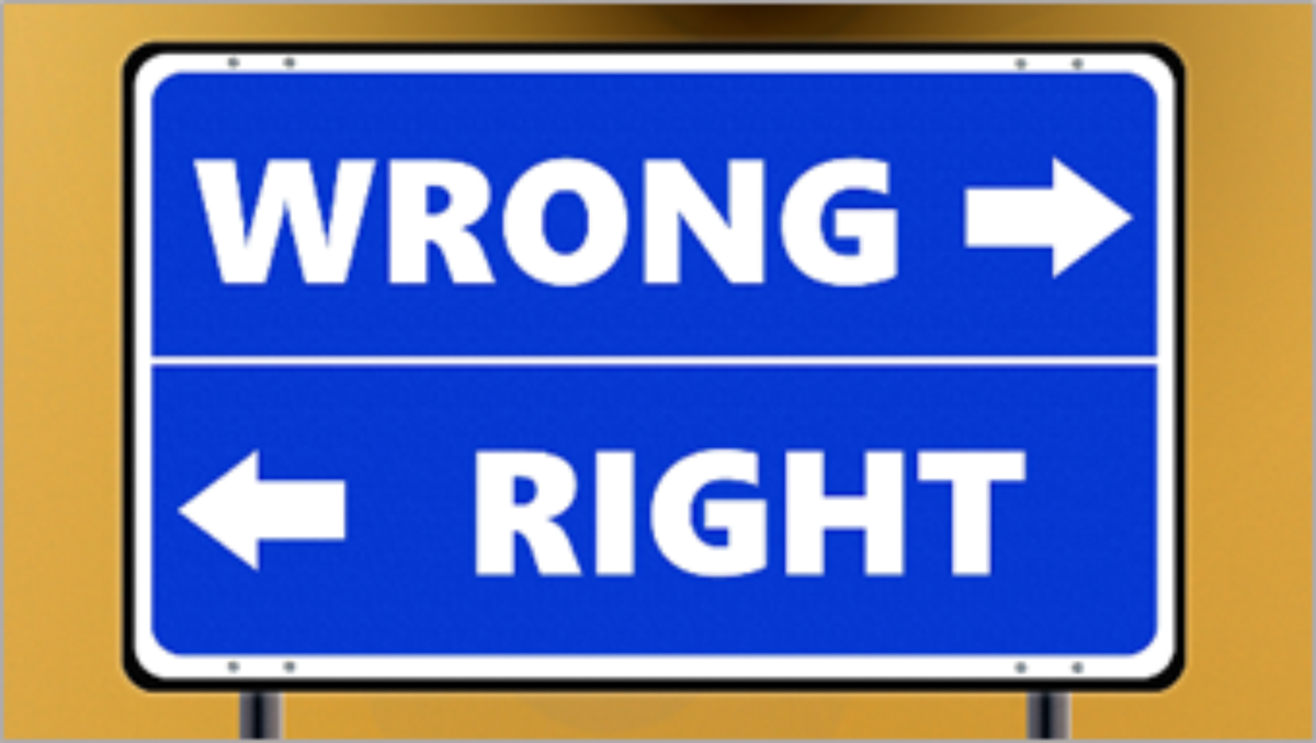 Blue road direction sign with white text WRONG at top pointing right RIGHT at bottom pointing left