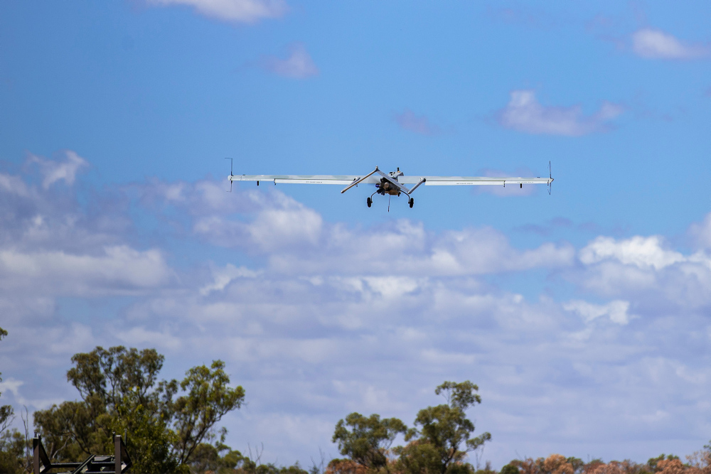 A Shadow Uncrewed Aerial System from the 20th Regiment, Royal Australian Artillery, is launched at Townsville Field Training Area, Queensland