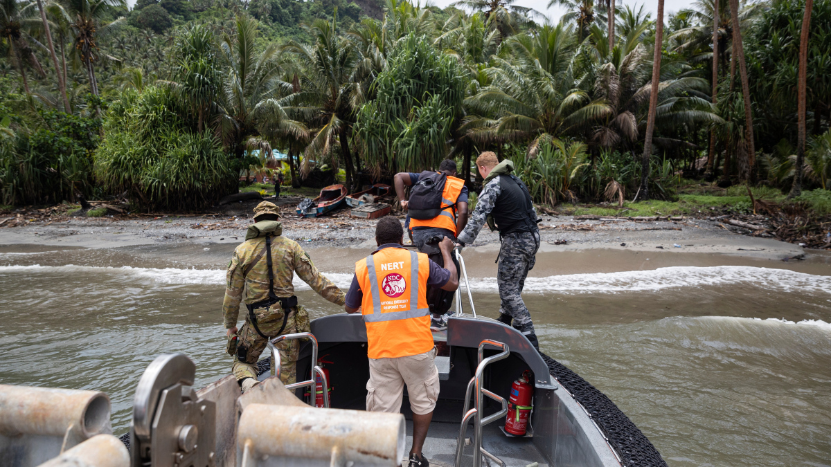 Australian Defence Force personnel attached to Australian Defence Vessel Reliant offload members from the Natural Emergency Response Teams to Savo Island, Solomon Islands as part of Exercise LONGREACH, a Humanitarian Assistance and Disaster Relief exercise led by the Solomon Island Natural Disaster Management Office.