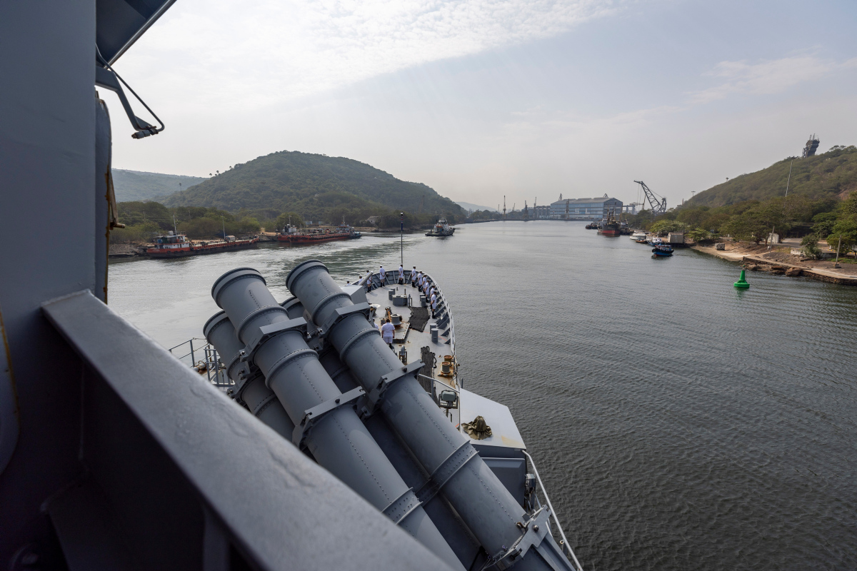 HMAS Warramunga prepares to enter the port of Visakhapatnam, India during a regional presence deployment.