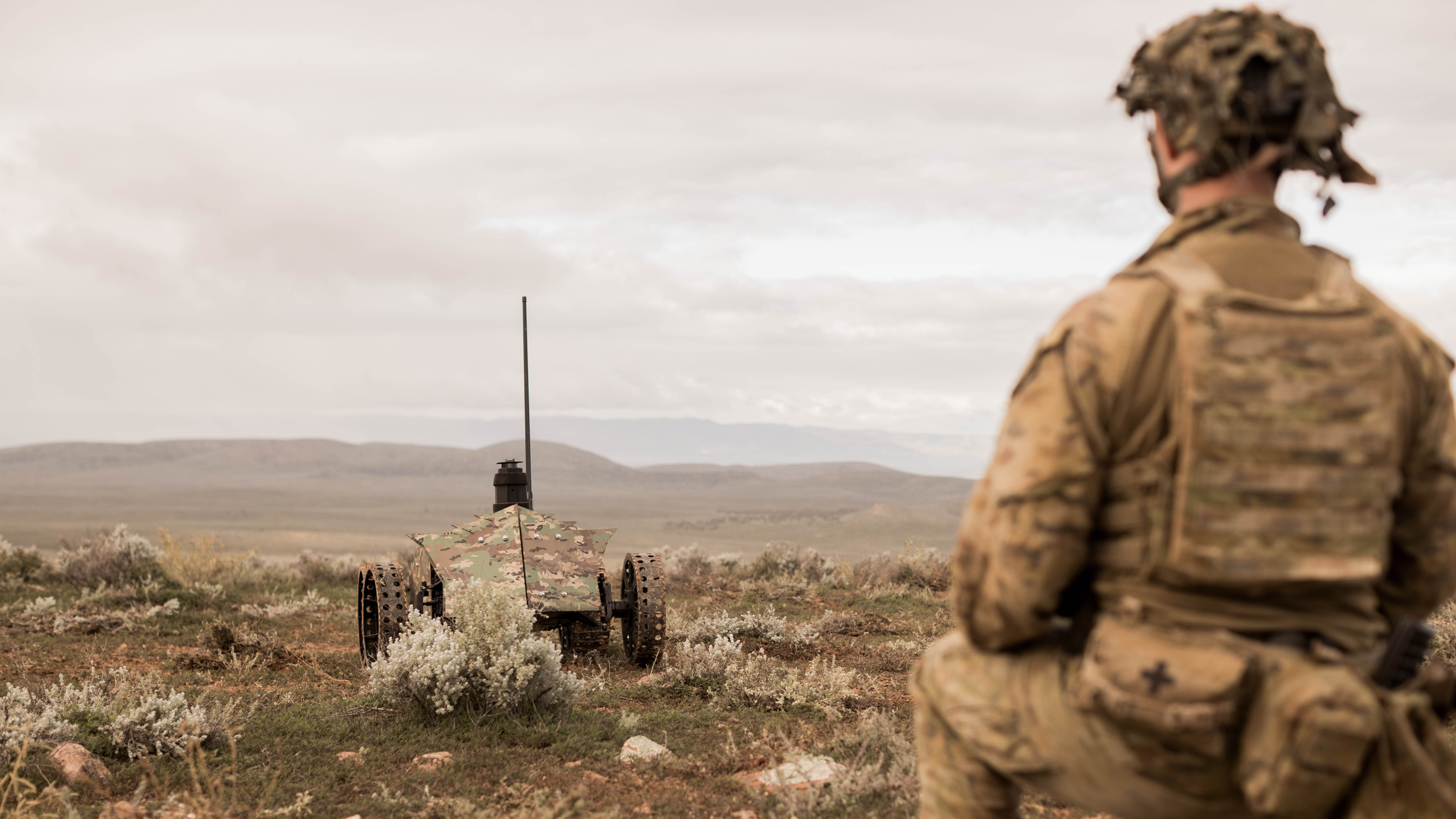 Australian Army soldier, Lance Corporal Ayden Harris-Boulton, 1st Armoured Regiment, operates the Jaeger uncrewed ground vehicle during Exercise Black Prince 3 at Cultana Training Area.
