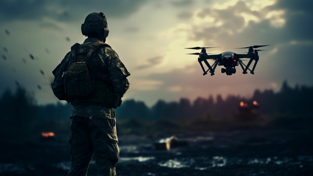 Military soldier controls drone for reconnaissance operation of enemy positions. Concept using quadcopters in smart war. Source: Adobe Stock Images