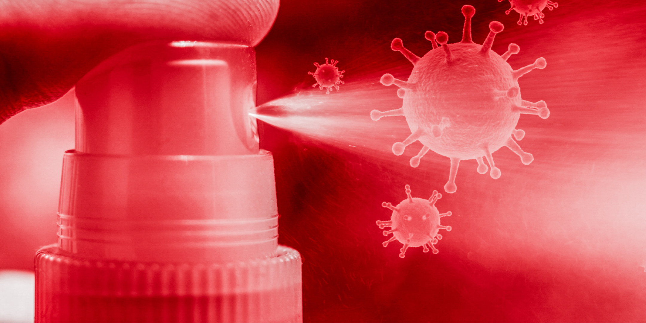 Spray bottle spraying a virus, red shaded 