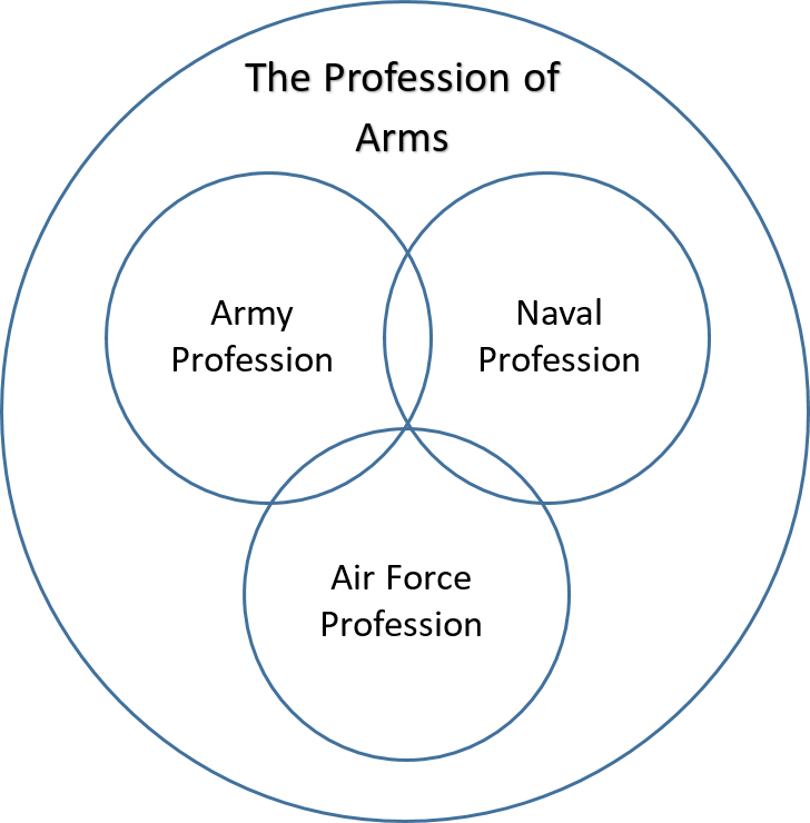 A Venn diagram with three circles overlapping in the centre, named Army Profession, Naval Profession and Air Force Profession. These sit inside a larger circle named The Profession of Arms.