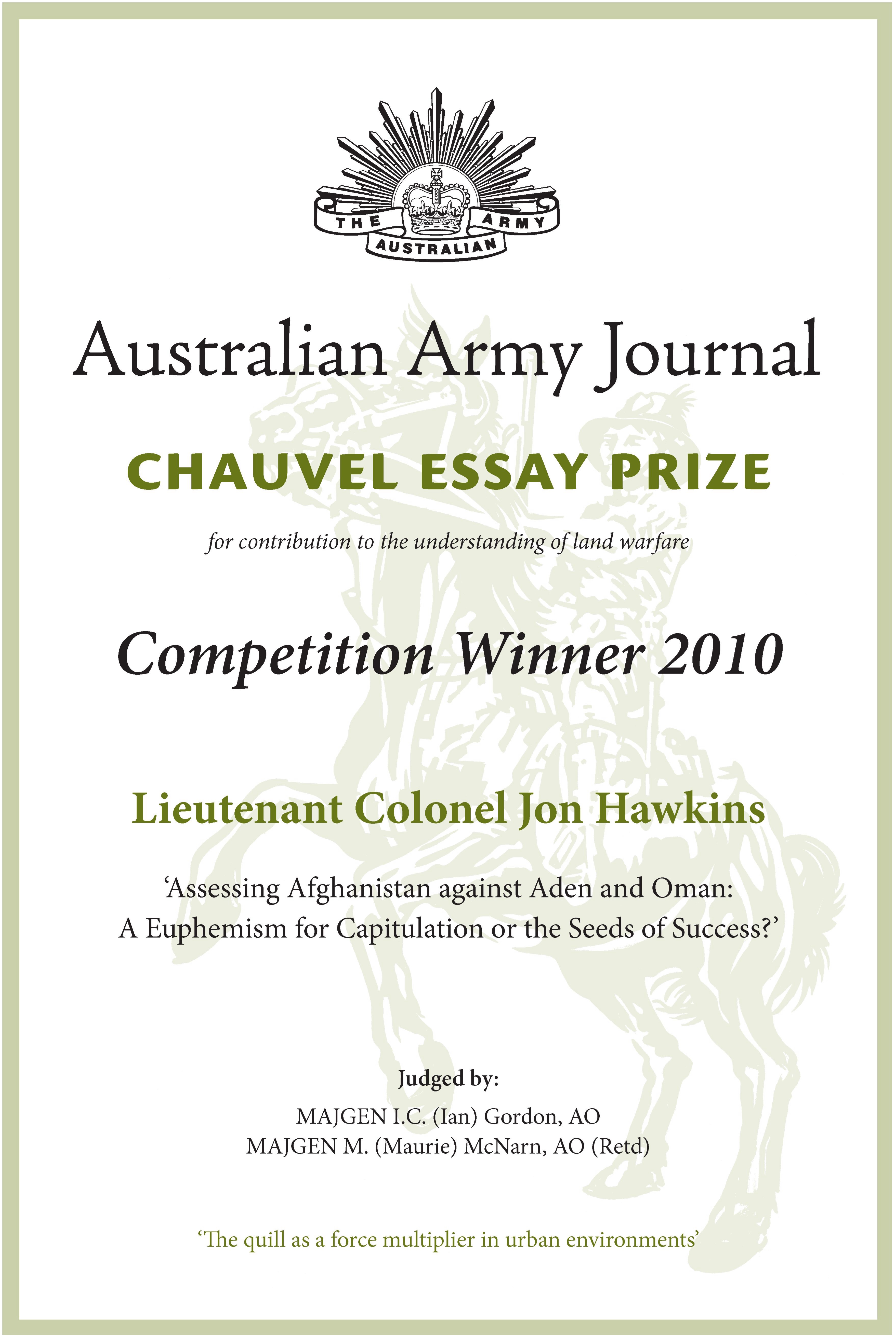 Certificate of the Chauvel Essay Prize Winner 2010 - Lieutenant Colonel Jon Hawkins