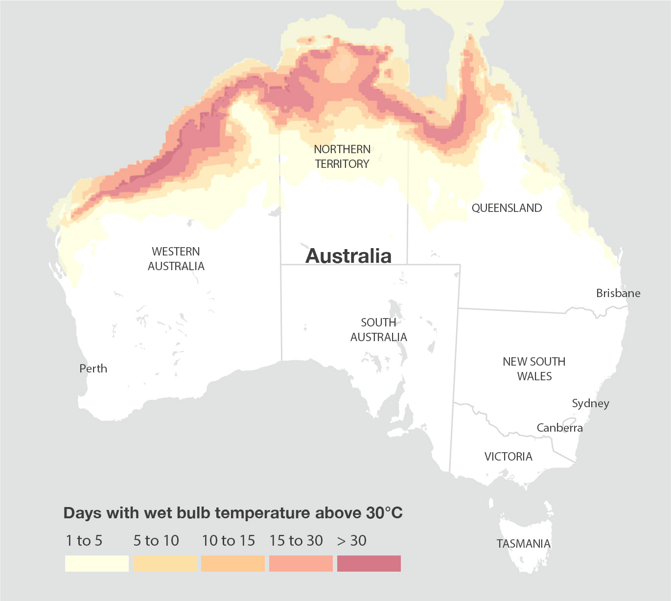This image shows a map of Australia in white on a grey background. A legend under the map indicates five time ranges measured in days and represented by a colour. 1 to 5 days is cream, 5 to 10 days is pale pink, 10 to 15 days is mid pink, 15 to 30 days is dark pink, and more than 30 days is maroon. There are corresponding colour bands across the north of Australia.