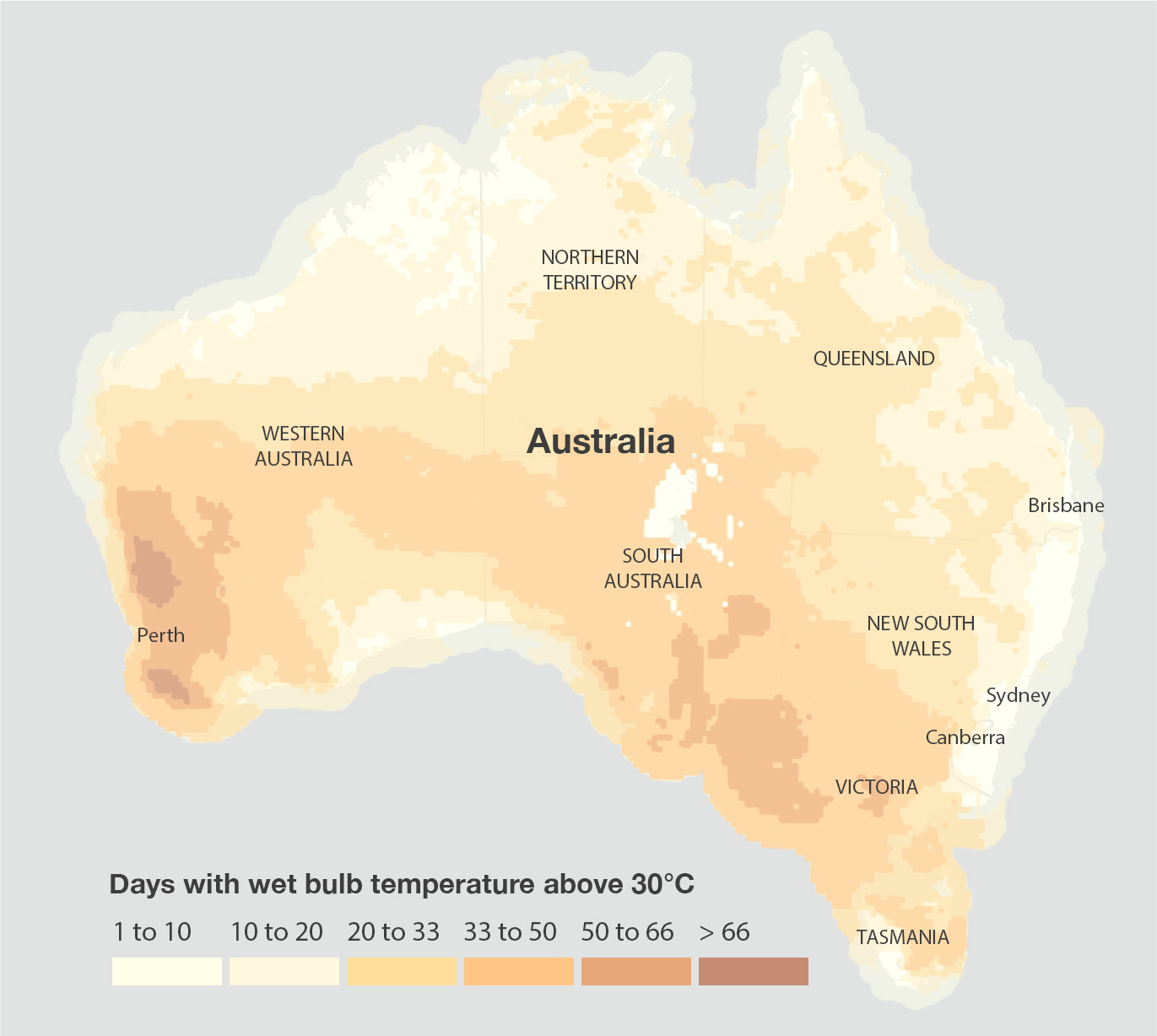 This image shows a map of Australia on a grey background. A legend under the map indicates six percentage ranges represented by a colour. 1 to 10 percent is cream, 10 to 20 percent is pale pink, 20 to 33 percent is mid pink, 33 to 50 days is dark pink, 50 to 66 percent is terracotta and more than 66 percent is maroon. These six colours are represented on the map with the darkest in the south and lightest in the north.