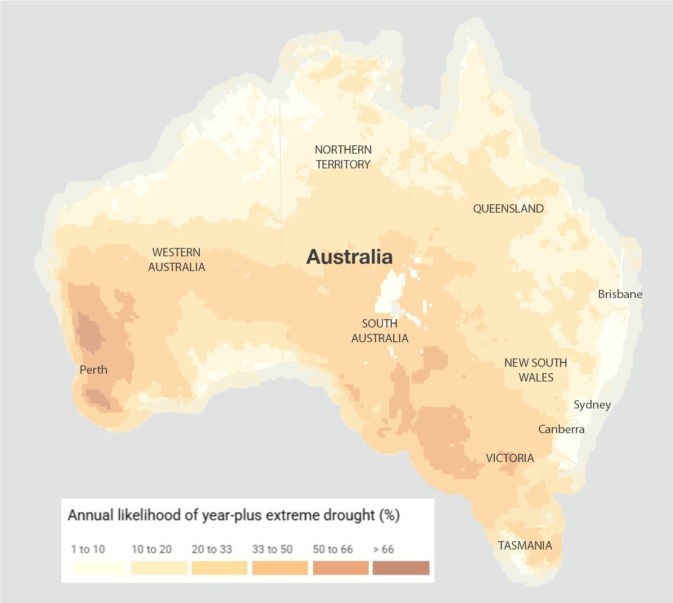 This image shows a map of Australia on a grey background. A legend under the map indicates six percentage ranges represented by a colour. 1 to 10 percent is cream, 10 to 20 percent is pale pink, 20 to 33 percent is mid pink, 33 to 50 days is dark pink, 50 to 66 percent is terracotta and more than 66 percent is maroon. These six colours are represented on the map with the darkest in the south and lightest in the north.