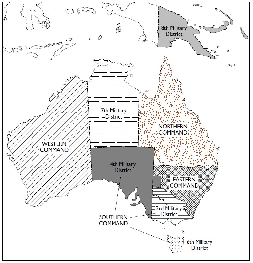 Map of Australia with Military districts displayed as areas. From the left: Western Australia = Western Command, Northern Territory = 7th Military District, Queensland = Northern Command, New South Wales = Eastern Command, Sothern Command is made up of South Australia = 4th Military District, Victoria = 3rd Military District & Tasmania = 6th Military District. Papua New Guinea = 8th Military District.