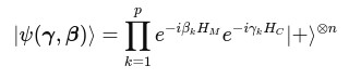 Equation describing the preparation of a quantum state, |Ψ(γ,β)⟩, as a sequence of alternating unitary operations applied to an initial state. The expression consists of a product of exponentials involving the mixer Hamiltonian (Hₘ) and cost Hamiltonian (HC), parameterised by angles βₖ and γₖ over p layers. The equation represents the variational state used in the Quantum Approximate Optimisation Algorithm (QAOA), where the parameters are adjusted to optimise finding a computational problem solution.