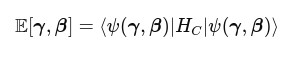 An equation defining the QAOA objective function is shown. The expression, E(γ, β) = ⟨ψ(γ, β)|H₍C₎|ψ(γ, β)⟩, represents the expected value of the cost Hamiltonian (H₍C₎) for the parameterised quantum state |ψ(γ, β)⟩. In the Quantum Approximate Optimisation Algorithm (QAOA), this expectation value is evaluated and maximised or minimised by adjusting the variational parameters γ and β, guiding the algorithm towards high-quality solutions of the optimisation problem.