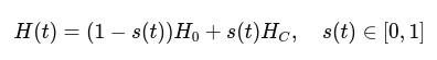 An equation describing the time-dependent Hamiltonian used in adiabatic quantum computing is shown. The expression, H(t) = (1 − s(t))H₀ + s(t)H₍C₎, defines a gradual transition from an initial Hamiltonian (H₀) to a problem or cost Hamiltonian (H₍C₎), controlled by the interpolation function s(t). The parameter s(t) varies between 0 and 1, allowing the quantum system to evolve smoothly from an easily prepared initial state toward a state that encodes the solution to the optimisation problem.