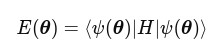 An equation defining the variational energy (or cost function) of a parameterised quantum state is shown. The expression, E(θ) = ⟨ψ(θ)|H|ψ(θ)⟩, represents the expected value of the Hamiltonian H for the quantum state |ψ(θ)⟩, where θ denotes a set of adjustable parameters. In variational quantum algorithms, such as the Variational Quantum Eigensolver (VQE), these parameters are optimised to minimise the energy and approximate the ground state of the quantum system.