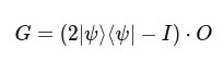 An equation defining the Grover iteration operator is shown. The expression, G = (2|ψ⟩⟨ψ| − I) · O, combines the oracle operator (O) with a diffusion operator (2|ψ⟩⟨ψ| − I). The oracle marks the target state by altering its phase, while the diffusion operator amplifies the probability of measuring that state by reflecting the quantum state about the average amplitude. Repeated application of G increases the likelihood of finding the desired solution, forming the basis of Grover’s quantum search algorithm.