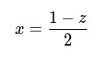 An equation showing the binary-to-spin variable transformation used in quantum optimisation is presented. The expression, x = (1 − z)/2, maps a binary decision variable x ∈ {0,1} to a spin variable z ∈ {−1,+1}. This transformation is commonly used when converting optimisation problems into Ising model form, allowing binary constraints and objective functions to be represented using quantum hardware and quantum annealing frameworks.