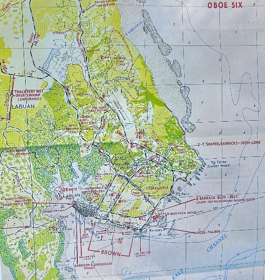 WW2 map supporting discussion on assault of Brown Beach, Labuan