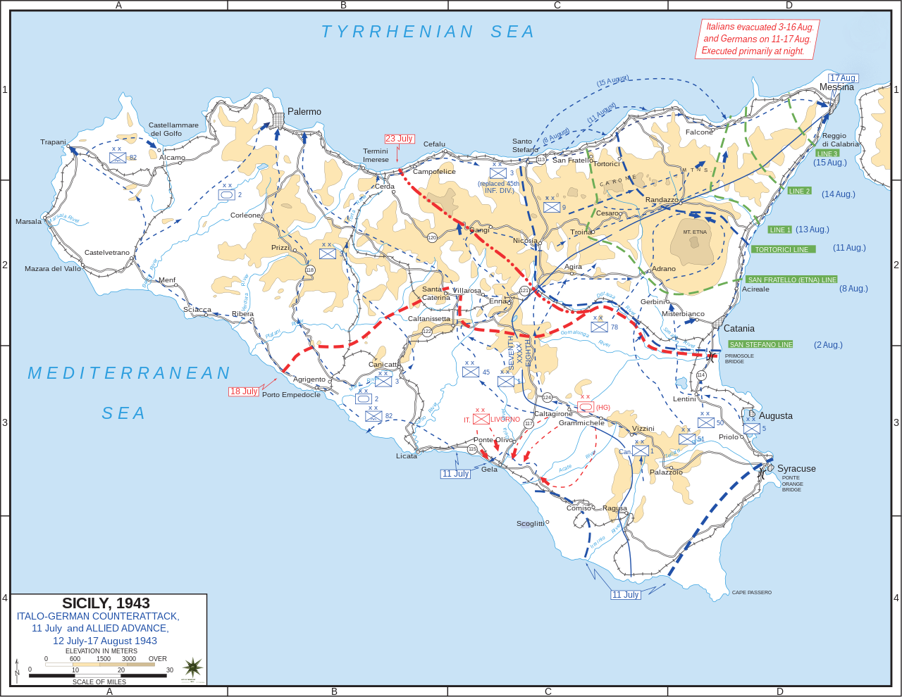 This is a map of Sicily showing the key phases of Operation Husky. These include the initial Allied amphibious and airborne landings on 11 July 1943, subsequent Italian and German counter attacks, further Allied operations and the final Italian and German evacuations on 17 August 1943.