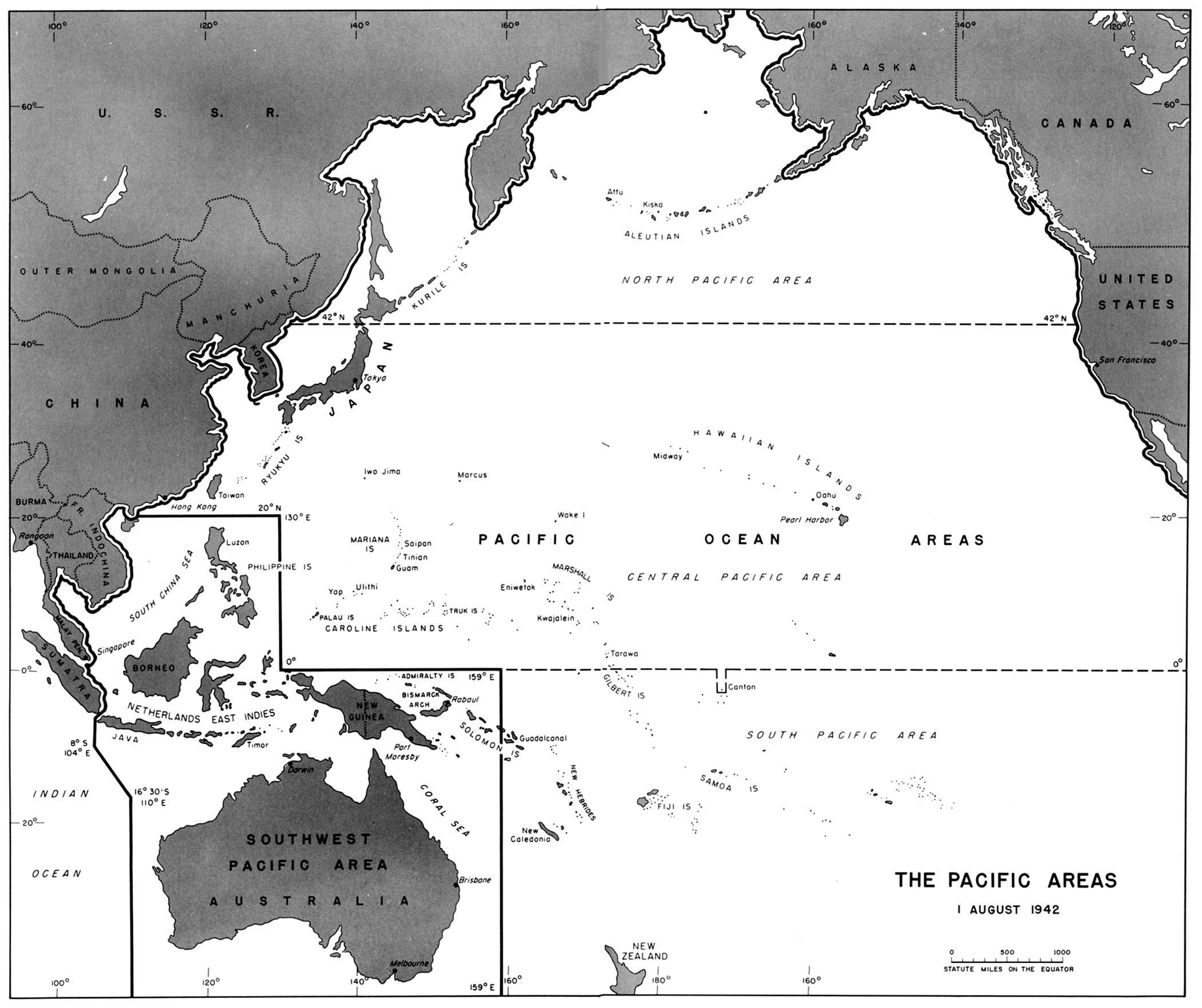 This black and white map depicts the Pacific Ocean and surrounding countries dated 1 Aug 1942. The area above the 42nd parallel is labelled North Pacific Area, the area between the 42nd parallel and the Equator is labelled Central Pacific Area. The area below the Equator is labelled South Pacific Area. An area encompassing Australia, Java, Timor, Borneo, Sulawesi (The Dutch East Indies) The Philippines, Papua New Guinea, and West Solomon Islands has a boundary, labelled Southwest Pacific Area.