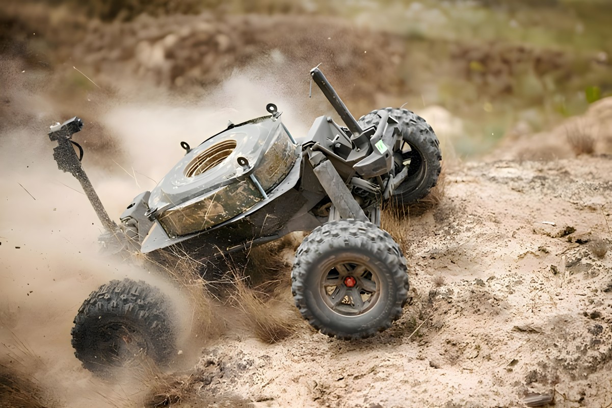 Robot-kamikaze ARK-1 traversing up a dirt mound with dust flying from spinning rear wheels.