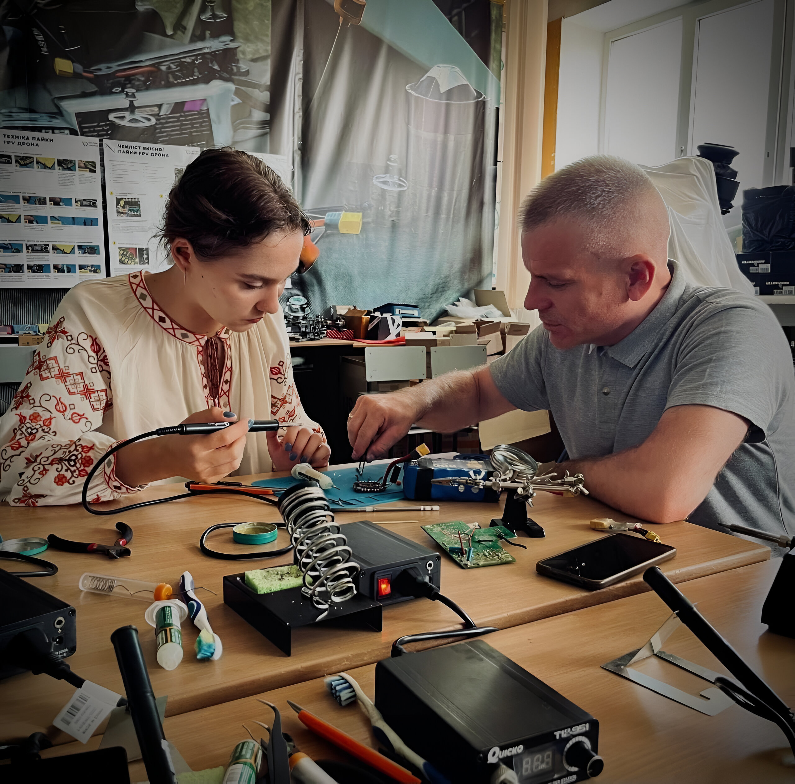 Female and male in civilian clothing at a table. The female is holding a soldering iron and the male is holding parts with tweezers on the table.