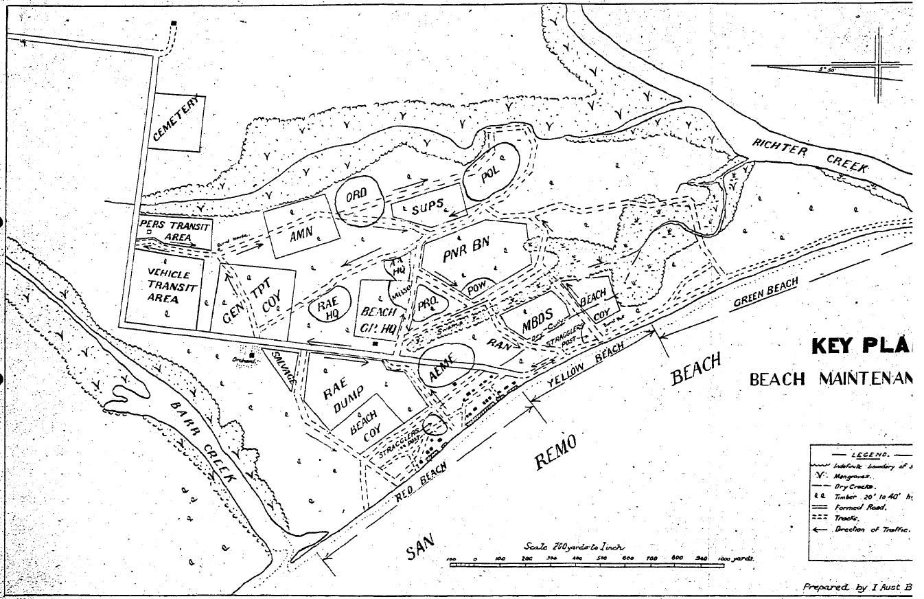 Key Plan for a Beach Maintenance Area (BMA) of San Remo (now Holloways) Beach near Cairns in North Queensland. The landing area has been sub divided into Red, Yellow and Green beaches. Topographical features and roads or tracks are shown. Various localities show where units were to be located. The Pioneer Battalion locality also has an area identified for prisoners of war. Other areas for storage and ammunition dumps are shown, as well as a location for a cemetery.