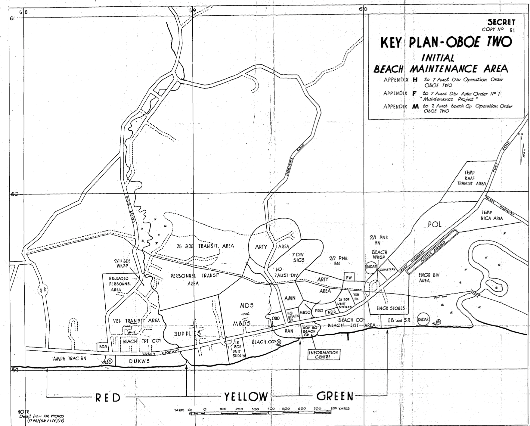 The first key plan prepared for OBOE 2 before the landing for the initial Beach Maintenance Area (BMA). The landing area is sub divided into Red, Yellow and Green Beaches. The key plan displays creeks, marshy areas and a number of either existing or planned roads. The plan displays planned locations for units, weapons, other equipment, storage areas, as well as landing locations for amphibious vehicles, and an airstrip.