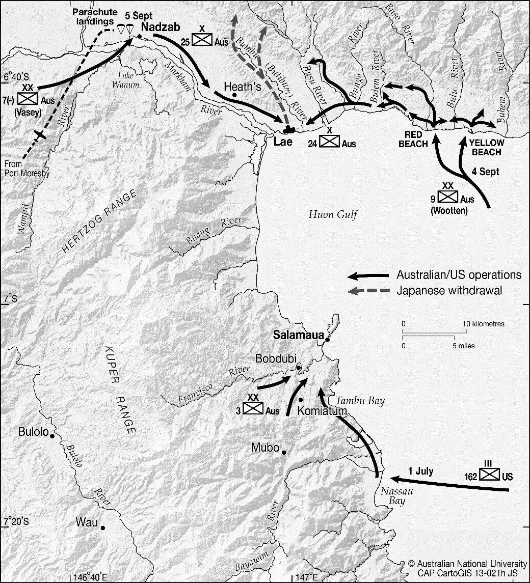 Map of Huon Sea and Lae, New Guinea, with Australian/US operations towards Lae, and Japanese withdrawal from Lae.