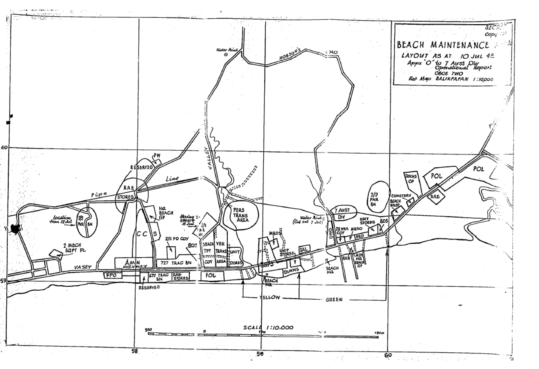 The second key plan of the Beach Maintenance Area, as at 10 July 1945. The key plan was amended after on-the-ground reconnaissance was conducted following the initial landing to take into account areas that proved to be too boggy or otherwise unsuitable for its intended use.