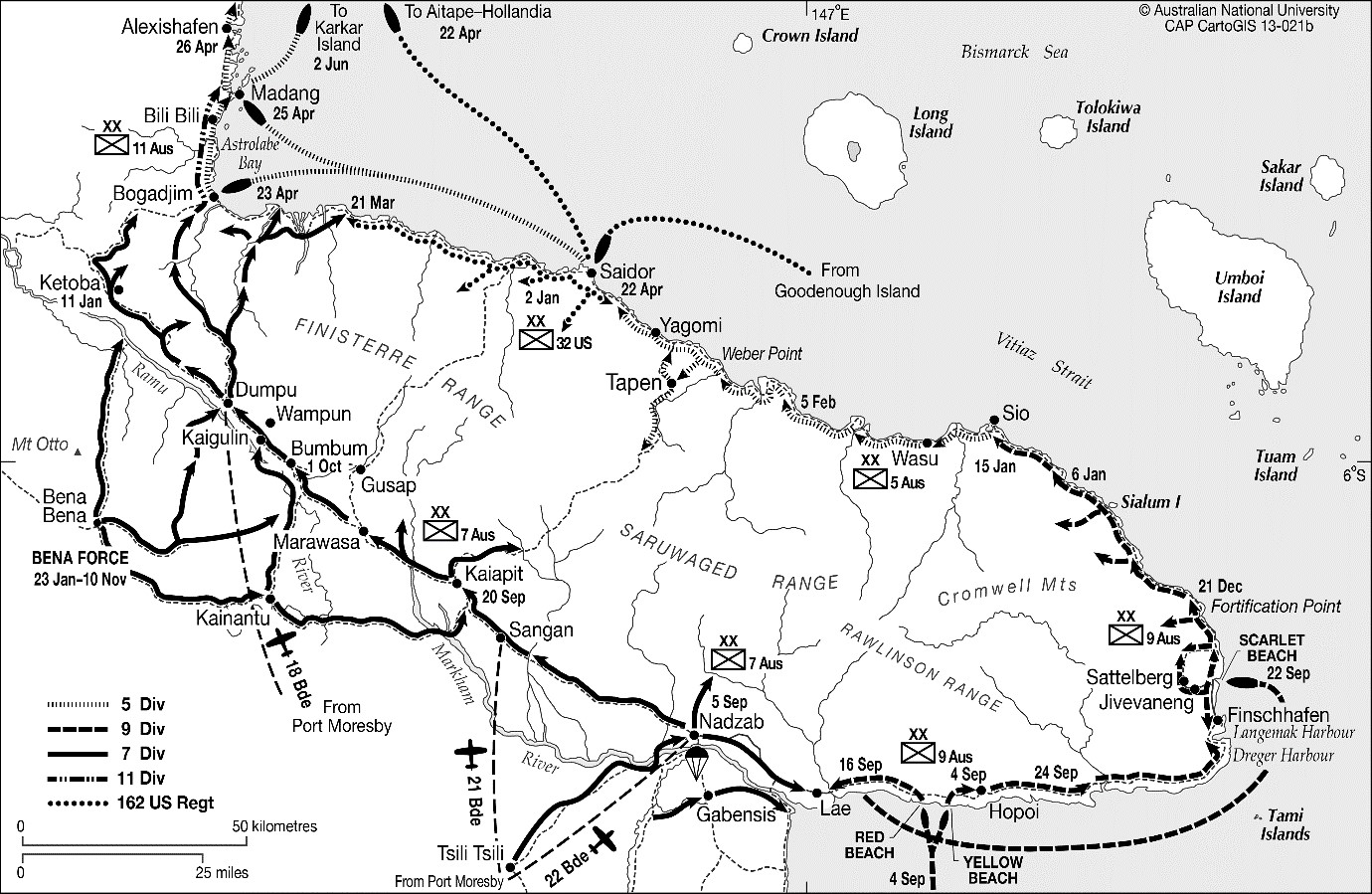 Map showing operations around the mountain ranges north of Lae, New Guinea.