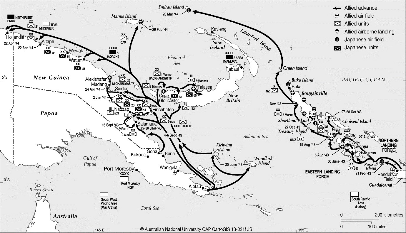 Map showing Allied and Japanese units and movements from Guadalcanal, Solomon Islands, to the north coast of New Guinea.