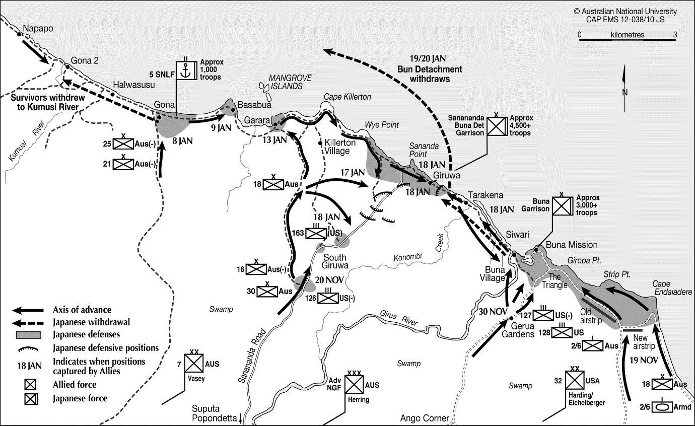 Map of Allied and Japanese units and movements across the north parts of New Guinea.