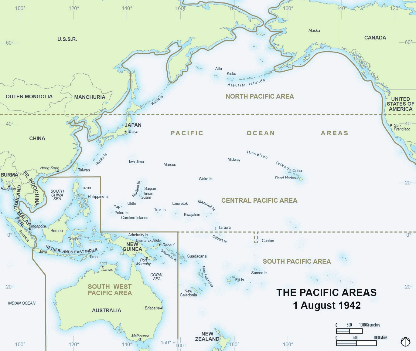 This map depicts the Pacific Ocean and surrounding countries dated 1 Aug 1942. The area above the 42nd parallel is labelled North Pacific Area, the area between the 42nd parallel and the Equator is labelled Central Pacific Area. The area below the Equator is labelled South Pacific Area. An area encompassing Australia, Java, Timor, Borneo, Sulawesi (The Dutch East Indies) The Philippines, Papua New Guinea, and West Solomon Islands has a boundary, labelled Southwest Pacific Area.