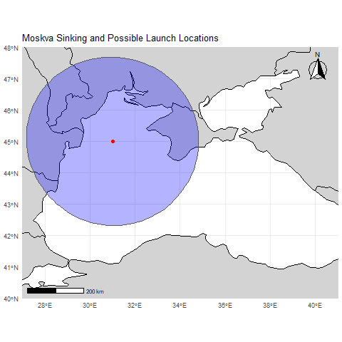 This coloured drawing shows a body of water surrounded by land masses. A red dot in the water indicates the location of the sinking, and around the red dot is a blue shaded circle indicating range. A legend at the bottom of the figure indicates the circle has a radius of approximately 300km.