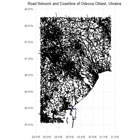 This black and white drawing shows the road network and Eastern coastline of Odessa, Oblast in Ukraine. The network is extremely dense areas in the top left and bottom left corner. A scale on the vertical axis indicates degrees of latitude from 45 degrees north to 48.5. A scale on the horizontal axis indicates degrees of longitude from 28 degrees east to 31.5.