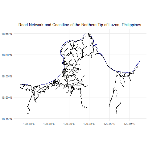 This black and white drawing shows the road network and Northern coastline of Luzon in the Philippines. The network is sparse. A scale on the vertical axis indicates degrees of latitude from 18.45 degrees north to 18.65. A scale on the horizontal axis indicates degrees of longitude from 120.70 degrees east to 120.95.