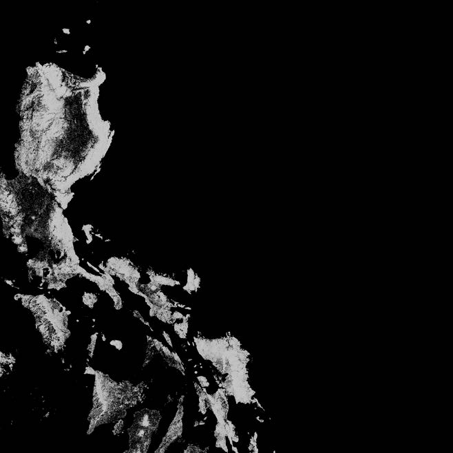 This black and white satellite photograph shows the islands of the Philippines. Dark areas on some islands indicate vegetation.