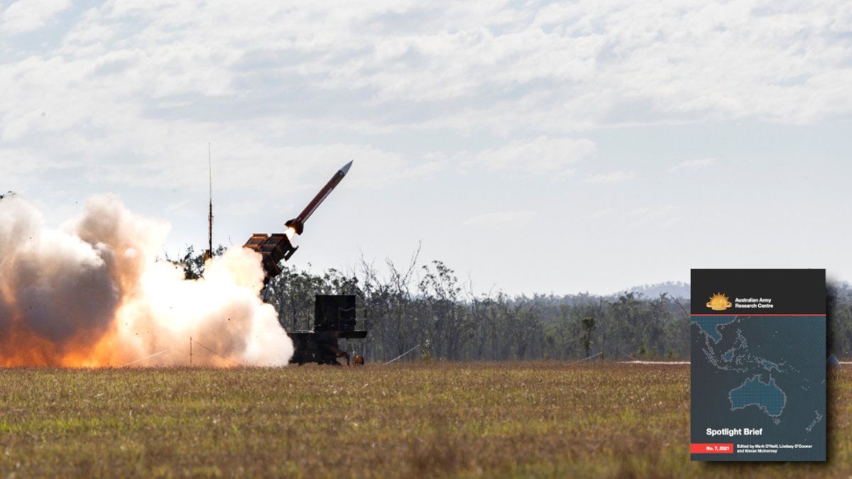 A United States Army M901 Launching Station fires a MIM-104 Patriot surface-to-air missile to engage a target, at the Shoalwater Bay Training Area in Queensland, during Exercise Talisman Sabre 2021; overlaid with the cover of Spotlight Brief 7/21.