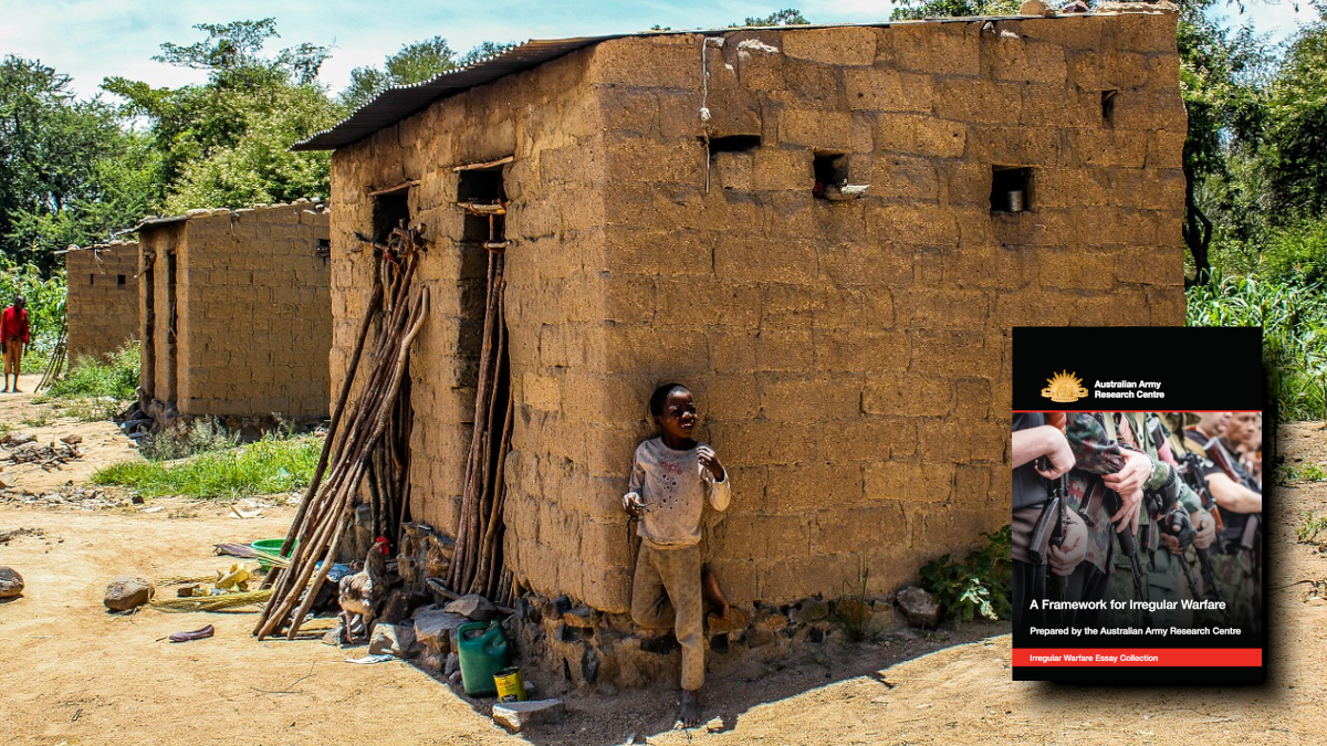 A small housing structure in Mozambique Africa with a young child in the foreground; cover of Irregular Warfare Essay collection at bottom right