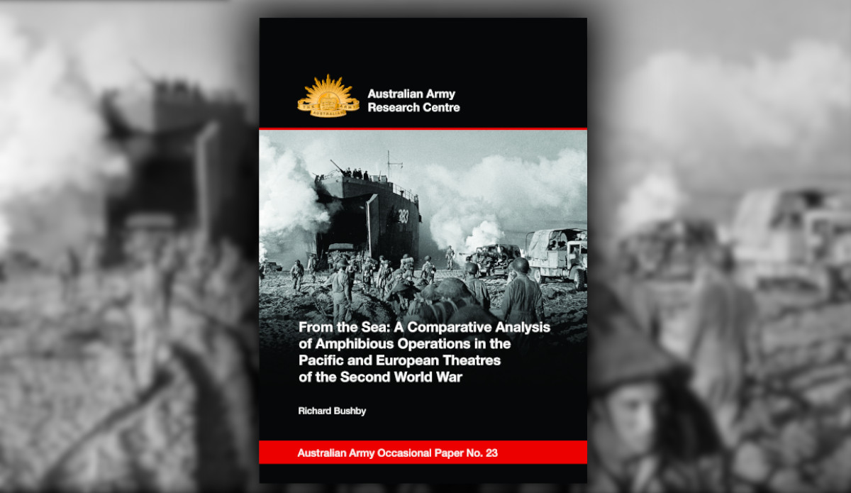 Cover of Occasional paper 23, with the cover image blurred behind; The black and white cover photograph shows British Army personnel disembarking onto the beach from a Landing Ship Tank (LST) amphibious vessel at Salerno, Italy on 9 September 1943.