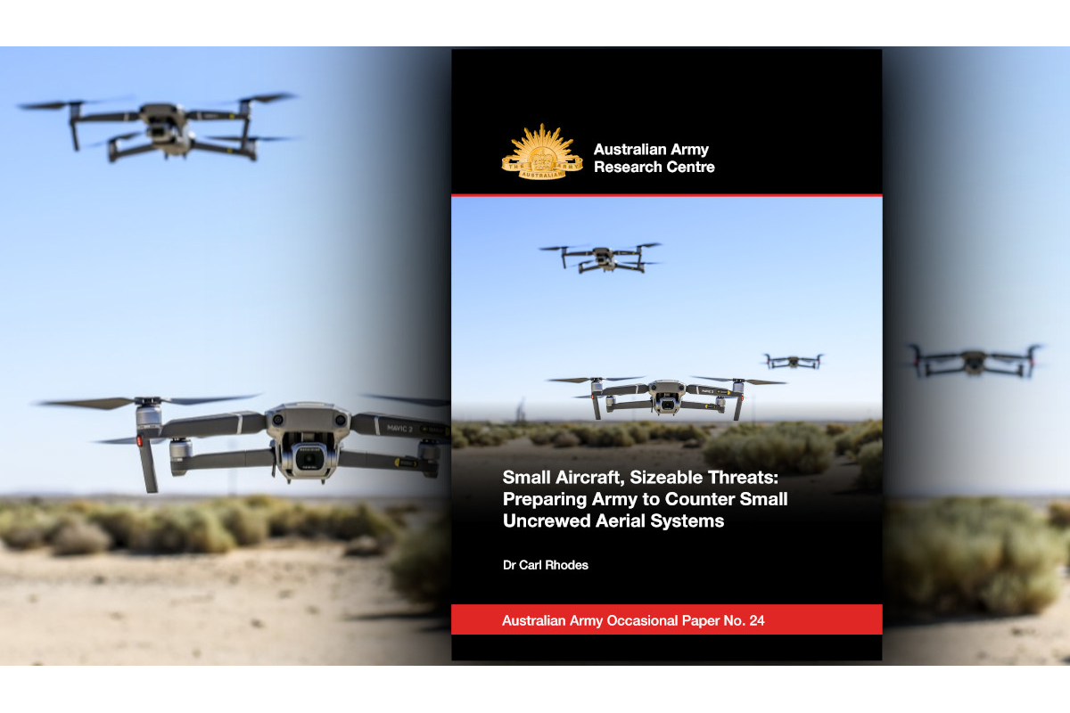 Cover image of Occasional Paper 24, by Dr Carl Rhodes; the background image shows three DJI Mavic drones in the air over an arid landscape.