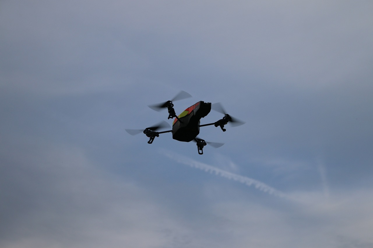 Single quad rotor drone in centre of image with sky background. Image by andri333 from Pixabay.