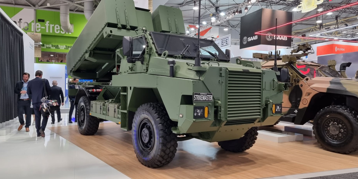 The Thales Strike Master vehicle on display alongside a Hawkei vehicle in the Brisbane Convention Centre.