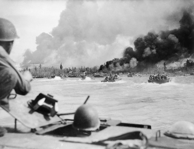 Last dash to shore, aboard American manned Alligators, during the landing of Australian troops at Balikpapan, Borneo.