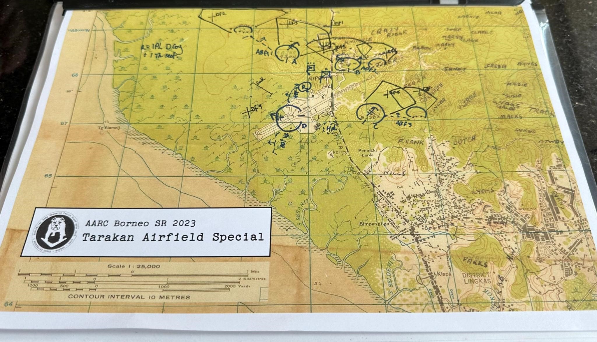 The staff ride undertook a Quick Decision Exercise on the attack by the 2/24th Bn at ‘Rippon’ – vital ground covering the operational objective – the Tarakan airfield. Pictured is the solution of one staff ride member to the tactical problem set.
