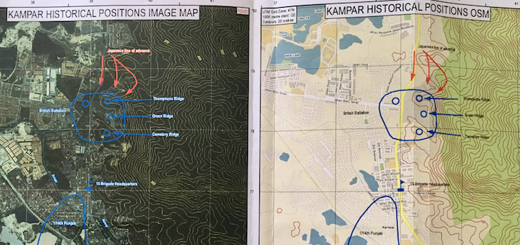 Maps showing the battle of Kampar superimposed on the current landscape