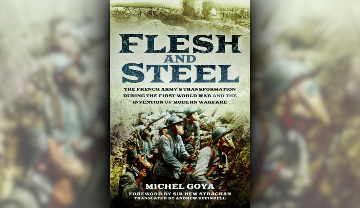 Promo image for book Flesh and Steel with an image of the cover in the centre