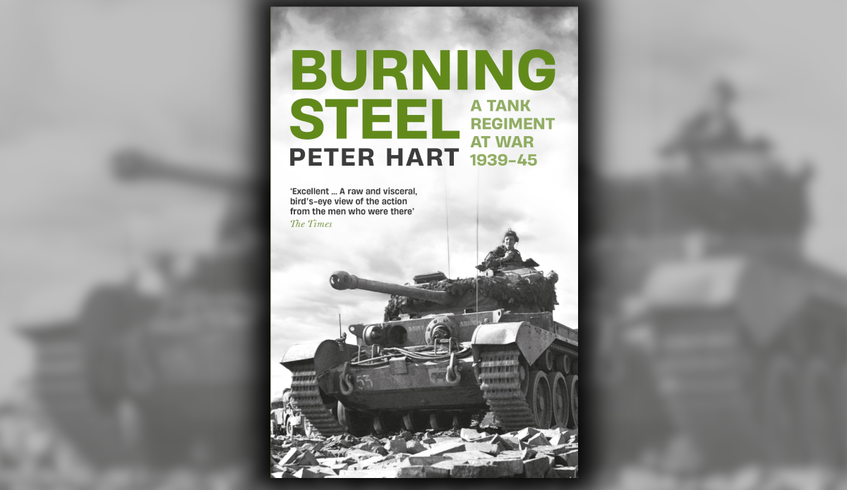 The cover of book, Burning Steel, highhlighted front and center with a blurred tank image as the background.