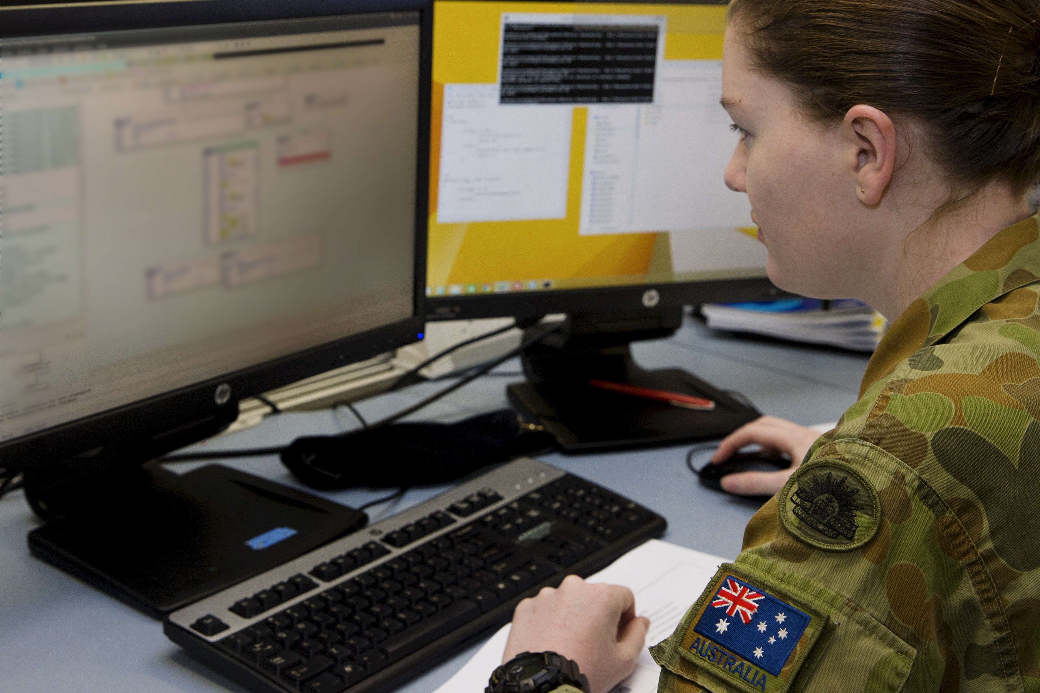 Signaller Alana Mannix, of the 7th Combat Signals Regiment, studies cyber defence operations while attending the University of New South Wales Canberra Cyber Operations course run by the Australian Centre for Cyber Security at Australian Defence Force Academy in Canberra.